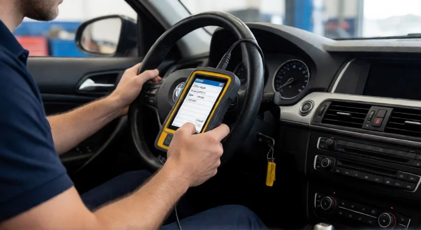 que es ordenador a bordo en un coche, Técnico utilizando un escáner OBD para leer datos del ordenador a bordo del vehículo