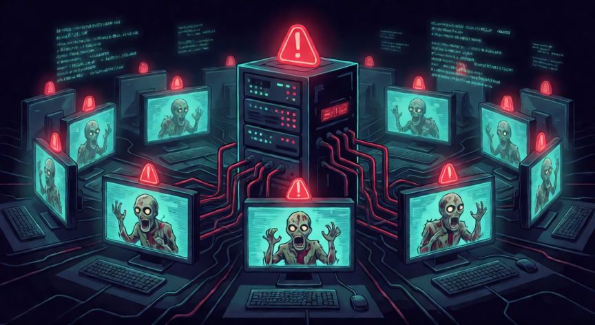 que es ordenador zombi, Ilustracion de una botnet con ordenadores zombi conectados a un servidor central