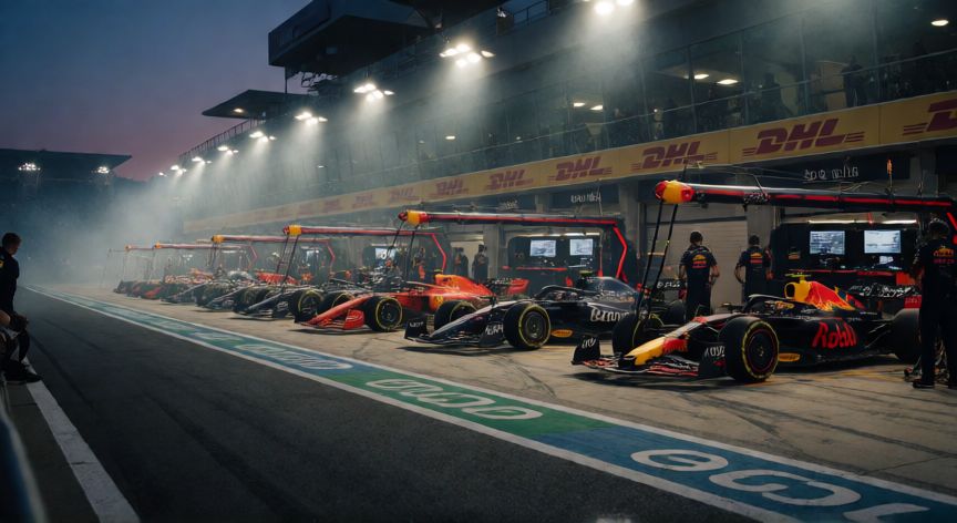 que es q3 formula 1, Pit lane de Fórmula 1 al atardecer con los diez coches preparados para la sesión Q3