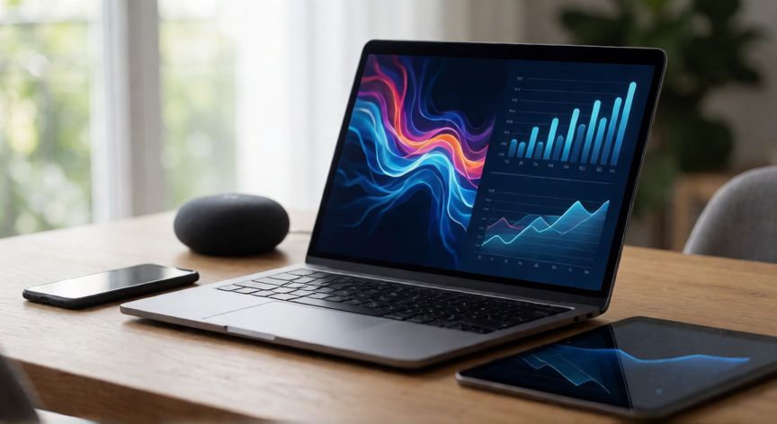 que es tecnología 3 ejemplos, Espacio de trabajo moderno con ordenador, móvil y altavoz inteligente que representan tecnología aplicada