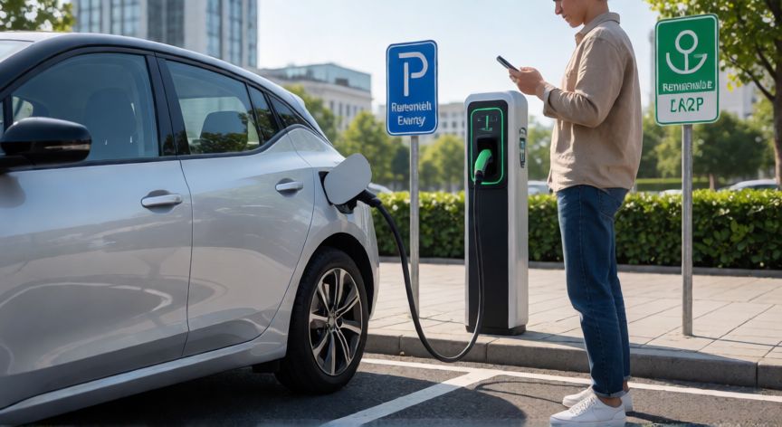 que es tecnología 3 ejemplos, Coche eléctrico cargándose en una zona urbana con aplicaciones y energía renovable