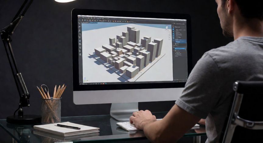 que es tecnología 3d, Pantalla de ordenador mostrando un modelo 3D de una ciudad en un estudio de diseño
