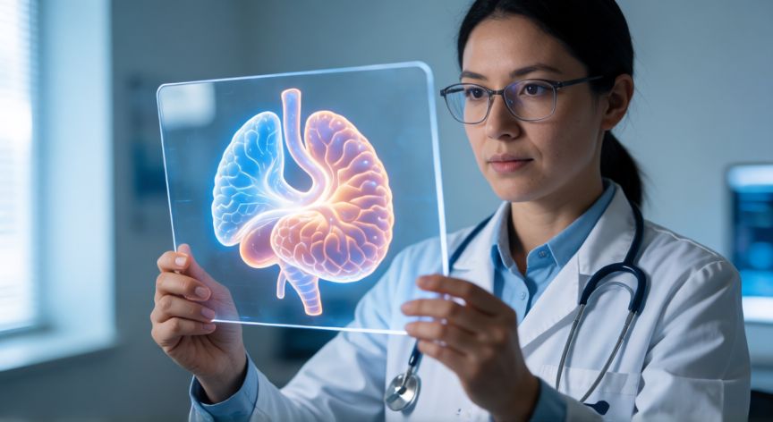 que es tecnología 3d, Profesional de la salud analizando un órgano en 3D mediante una pantalla digital