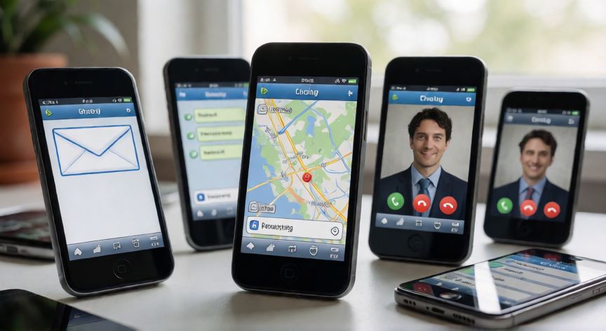que es tecnologia 3g, Teléfonos móviles mostrando aplicaciones de la era 3G en una mesa