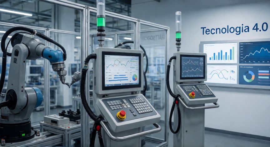 que es tecnologia 4.0, Fábrica inteligente con sensores, robots y paneles de datos de Tecnología 4.0