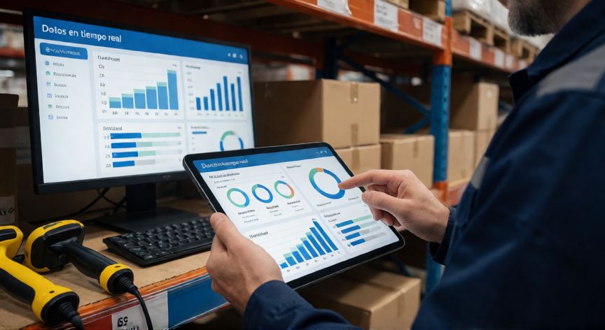 que es tecnologia 4.0, Técnico consultando panel de analítica de datos en tiempo real en un almacén inteligente