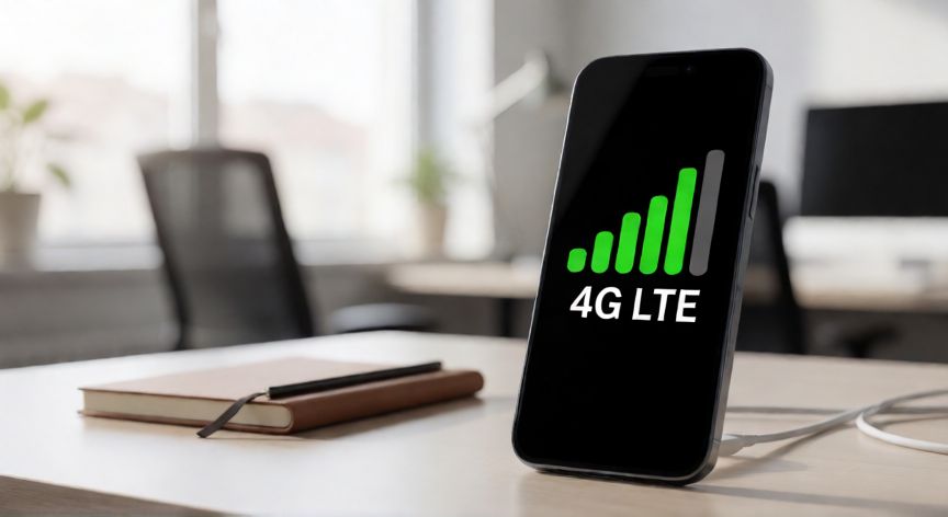que es tecnologia 4g, Teléfono inteligente conectado a una red móvil 4G LTE en un escritorio