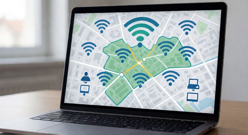 que es tecnologia 4g, Mapa de cobertura móvil 4G en una laptop con dispositivos conectados