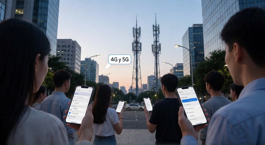 que es tecnologia 4g y 5g, Persona usando un movil con indicador de 4G y 5G cerca de antenas de cobertura movil