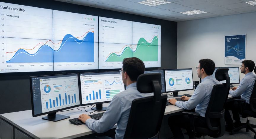 que es tecnologia 4g y 5g, Sala de control con paneles de redes moviles 5G y datos de latencia y cobertura
