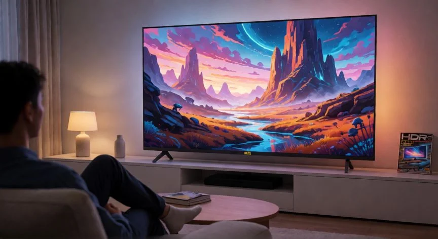 Televisión 4k en un salón moderno mostrando imagen de alta resolución con HDR