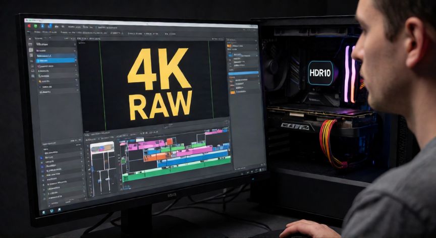 que es tecnología 4k, Equipo de edición de video 4k con monitor profesional y PC