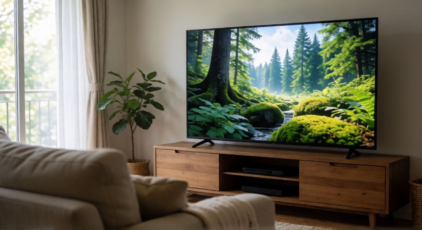que es tecnología 4k en televisores, Televisor 4k grande en un salon moderno mostrando una imagen nitida y detallada