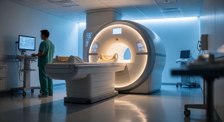 que es tecnología 5 ejemplos, Sala de resonancia magnética (IRM) en un hospital moderno con equipo de diagnóstico por imagen
