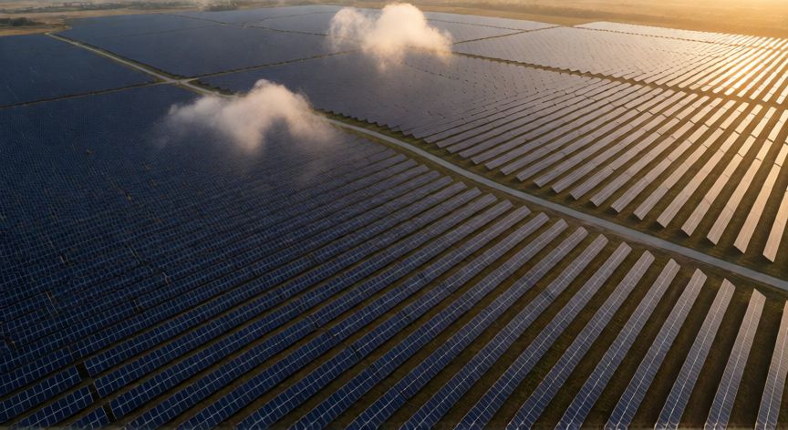 que es tecnología 5 ejemplos, Granja solar fotovoltaica vista aérea con filas de paneles extendiéndose hasta el horizonte