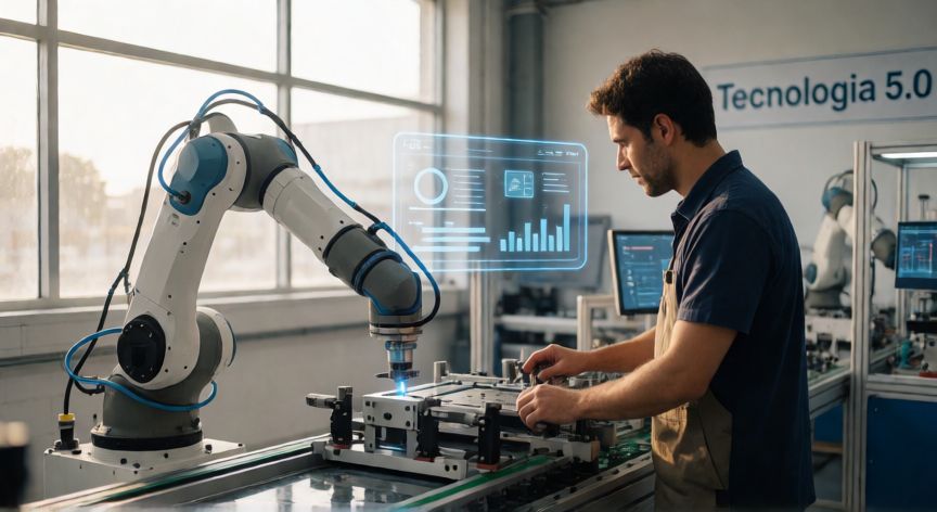 que es tecnologia 5.0, Ingeniero y robot colaborativo trabajando juntos en una fábrica inteligente de Tecnología 5.0