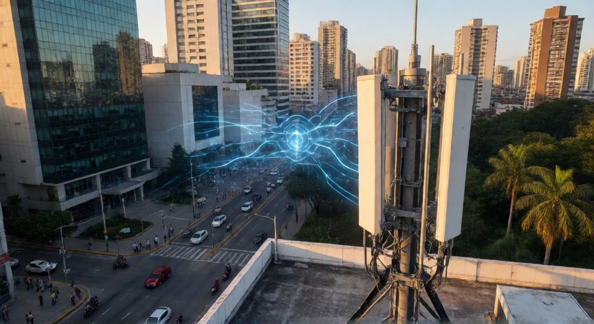 que es tecnologia 5g en colombia, Antena 5G en el tejado de un edificio en una ciudad colombiana al atardecer