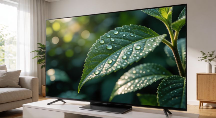 que es tecnologia 8k, Televisión grande de 8K mostrando una imagen nítida de alta resolución en un salón moderno
