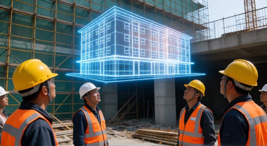Trabajadores de construcción observando un modelo BIM holográfico en una obra en España