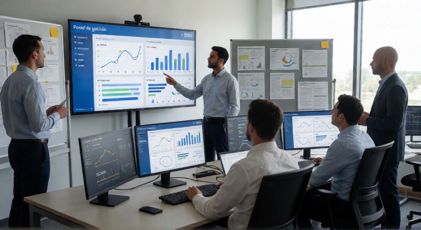 que es tecnología en gestión empresarial, Equipo empresarial analizando paneles de gestión y datos operativos en tiempo real