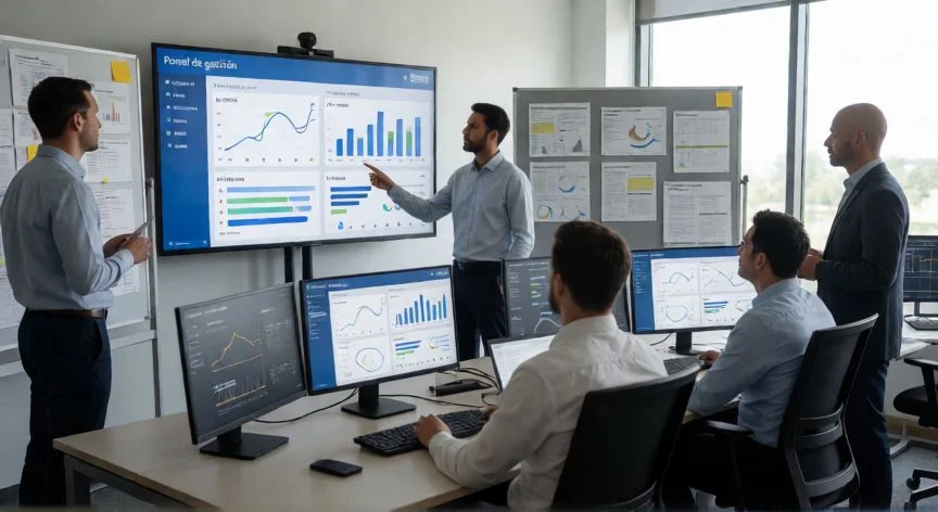 Equipo empresarial analizando paneles de gestión y datos operativos en tiempo real
