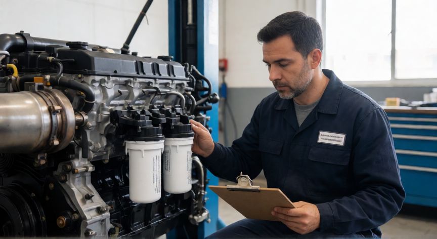 que es tecnologia euro 6, Técnico revisando sistema de emisiones de un motor diésel con componentes de filtro y exhaust.