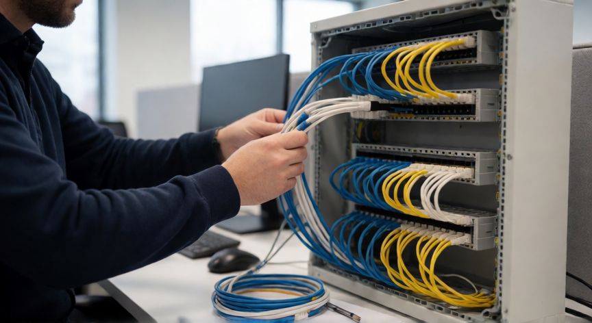 que es tecnología fija, Instalación de tecnología fija con cables de red en una oficina