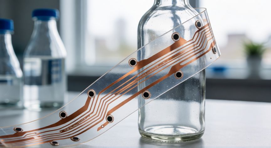 que es tecnología flexible, Cinta electrónica flexible doblada alrededor de una botella en un laboratorio
