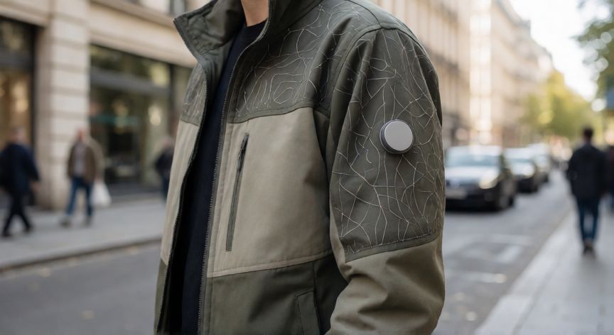 que es tecnología flexible, Persona con chaqueta técnica con sensores textiles flexibles