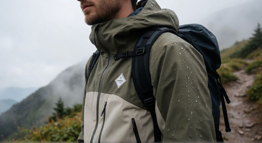 que es tecnologia gore tex, Persona con chaqueta impermeable Gore-Tex en senderismo bajo lluvia ligera