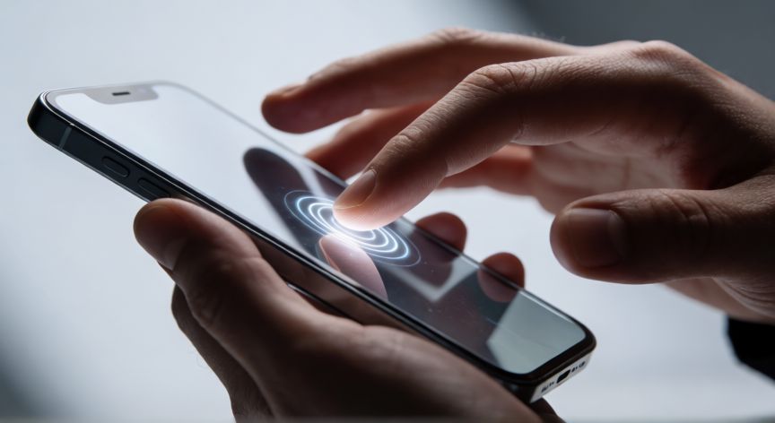 que es tecnología haptica, mano tocando una pantalla de movil con vibracion haptica