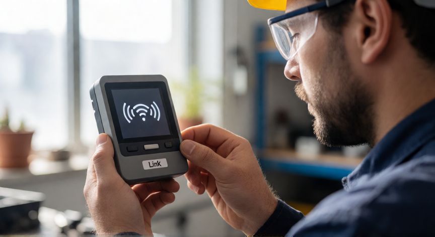 que es tecnología ksr link, Técnico revisando un dispositivo conectado con una pegatina que dice Link