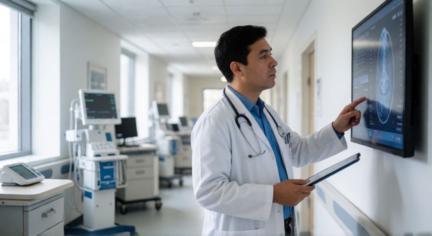 que es tecnologia medica, médico revisando información médica digital en un hospital moderno