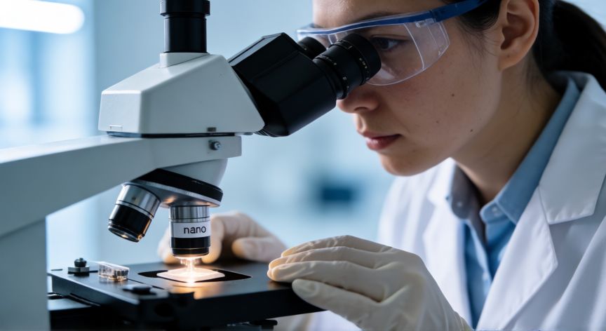 que es tecnología nano, Técnico de laboratorio observando estructuras a escala nanométrica con un microscopio avanzado