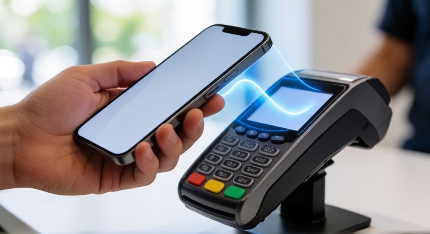 que es tecnología nfc, Persona aproximando un móvil con NFC a un terminal de pago