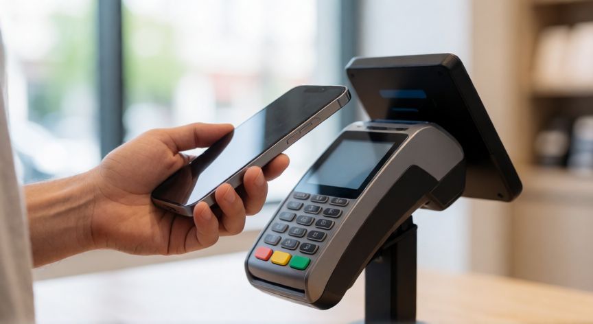 que es tecnología nfc en celulares, Persona pagando con un celular usando tecnología NFC junto a un terminal de pago