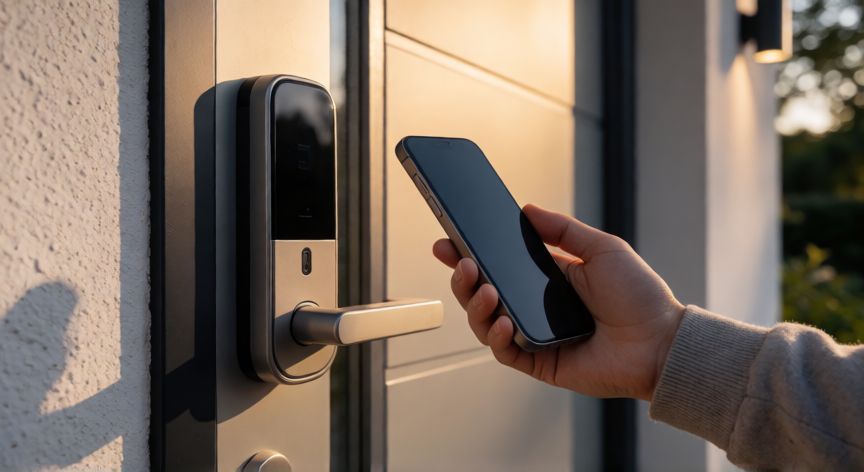 que es tecnología nfc en celulares, Cerradura inteligente y celular usando NFC para acceder a una puerta