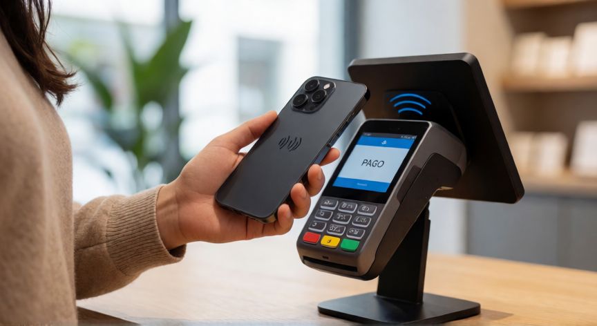 que es tecnologia nfc en el movil, Móvil con tecnología NFC cerca de un terminal de pago por contacto