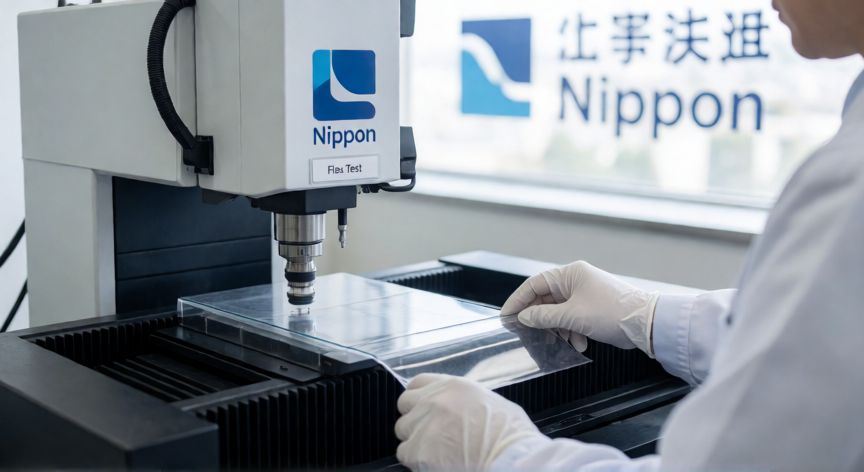 qué es tecnología nipponflex, Tecnología Nipponflex en un laboratorio industrial japonés con prueba de materiales flexibles