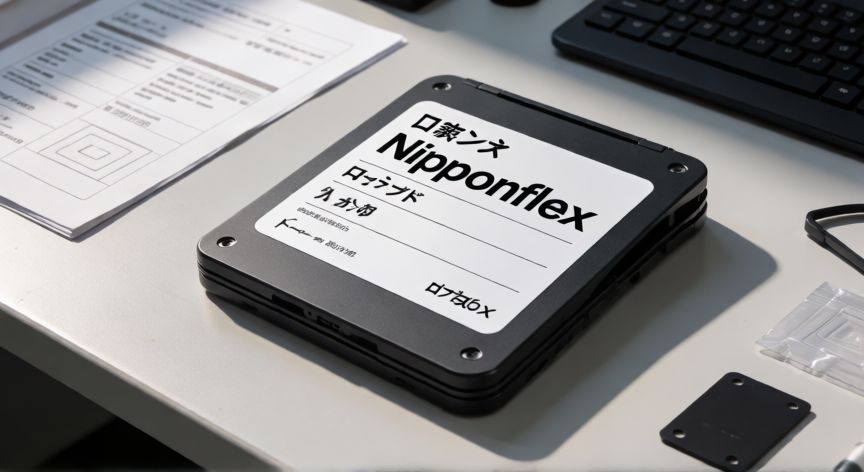 qué es tecnología nipponflex, Componente flexible con etiqueta Nipponflex sobre mesa técnica japonesa