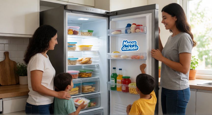 que es tecnología no frost, Familia utilizando el congelador de un frigorífico no frost, sin hielo acumulado