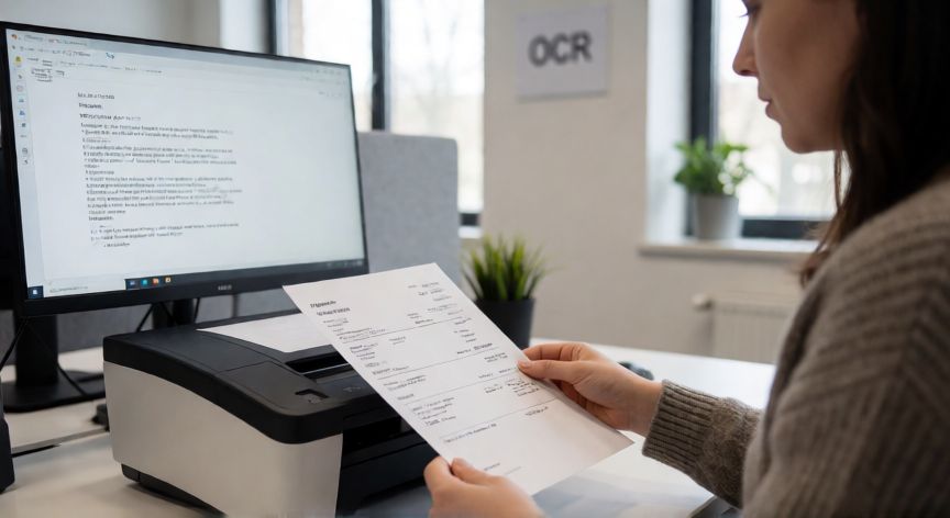 que es tecnologia ocr, Oficina digitalizando una factura con tecnología OCR