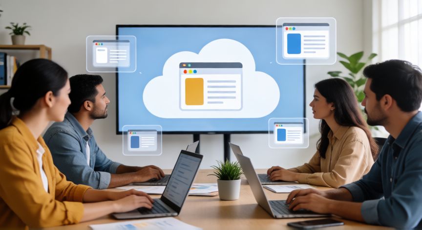 que es tecnologia ofimatica, Equipo de oficina colaborando con portátiles y documentación digital compartida