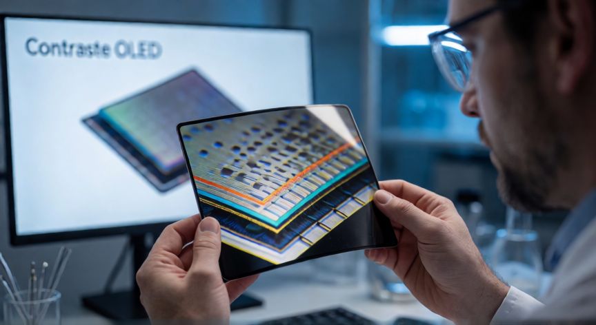 que es tecnología oled, Panel OLED flexible en un laboratorio técnico con capas orgánicas visibles