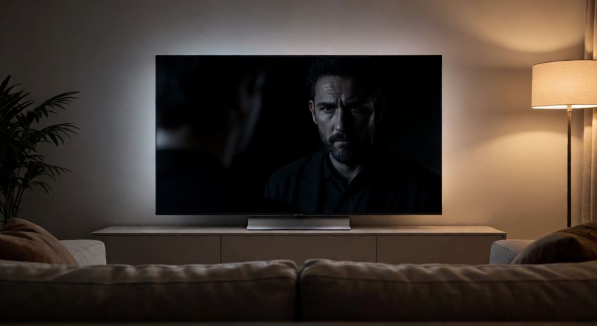 que es tecnologia oled en tv, Televisión OLED mostrando escena oscura con alto contraste en salón moderno