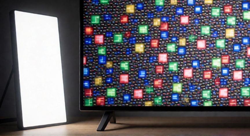 que es tecnologia oled en tv, Comparación cercana de panel OLED destacando negros profundos y emisión de píxeles