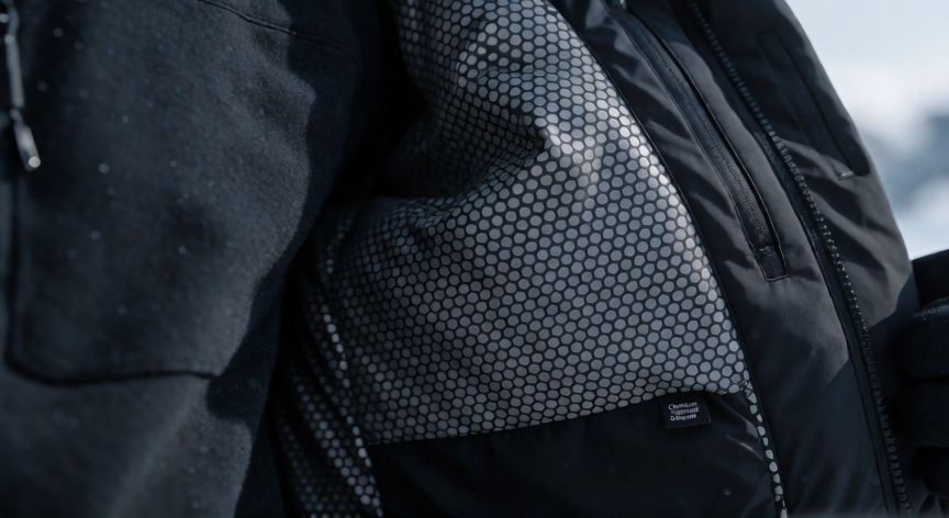 que es tecnologia omni heat, Detalle de la tecnología Omni-Heat en el forro interior de una chaqueta de invierno