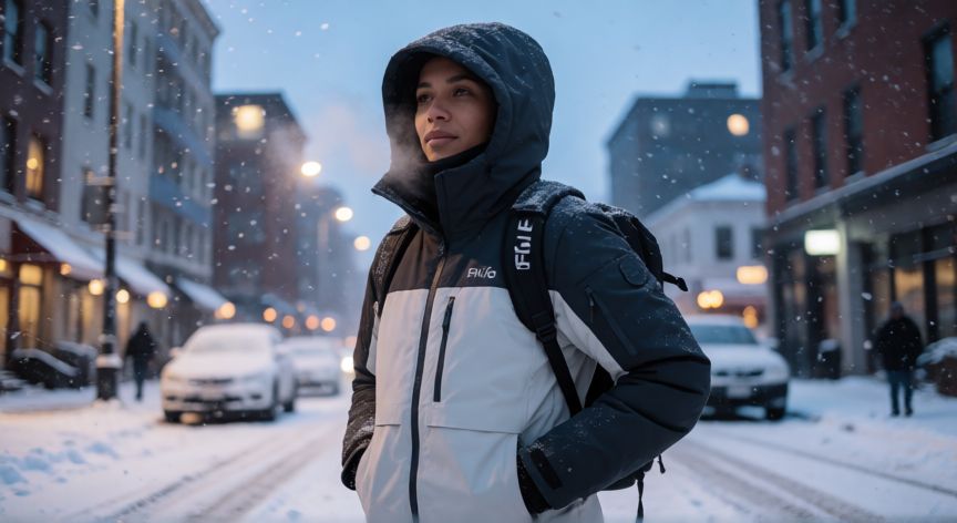 que es tecnologia omni heat, Persona usando ropa con tecnología térmica Omni-Heat en un día de invierno