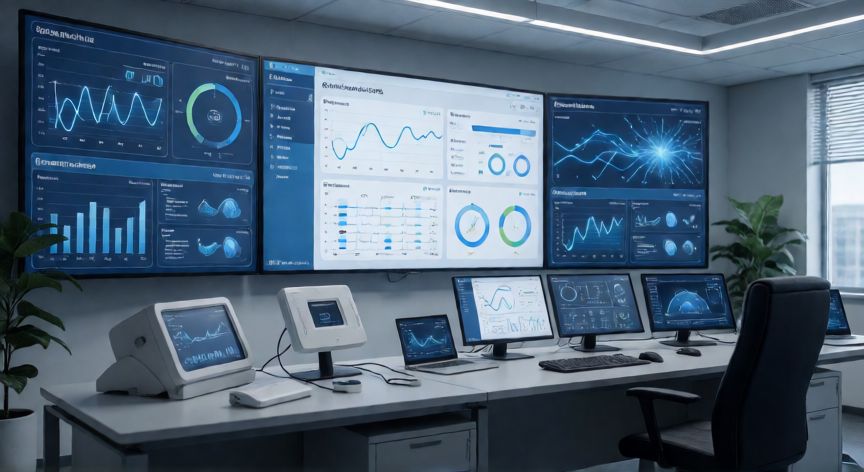 que es tecnologia omni tech, Ecosistema tecnológico Omni Tech con paneles de datos, sensores e inteligencia artificial integrada
