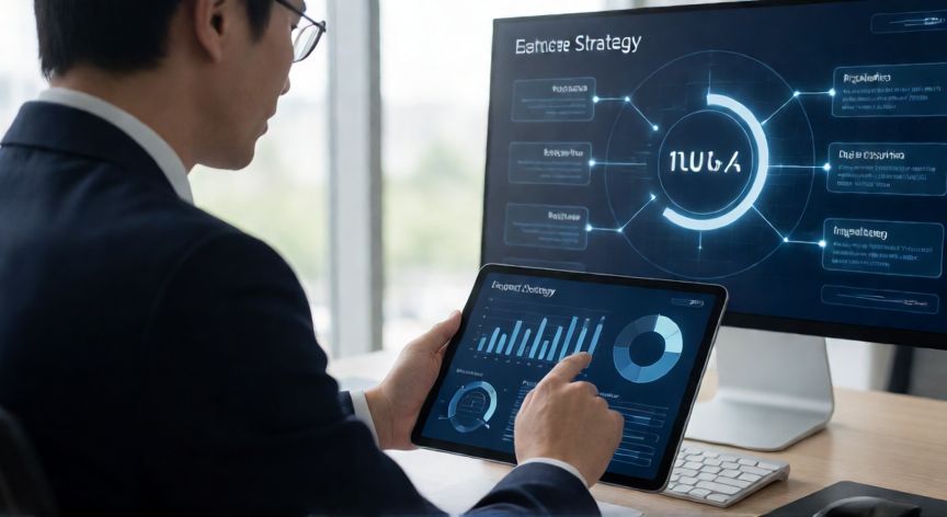 que es tecnologia omni tech, Profesional analizando una estrategia digital con soluciones Omni Tech en una oficina moderna